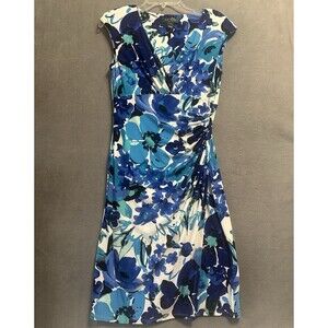 Lauren Ralph Lauren Ruched Faux Wrap Dress Size 6 Blue Floral Career Stretch‎